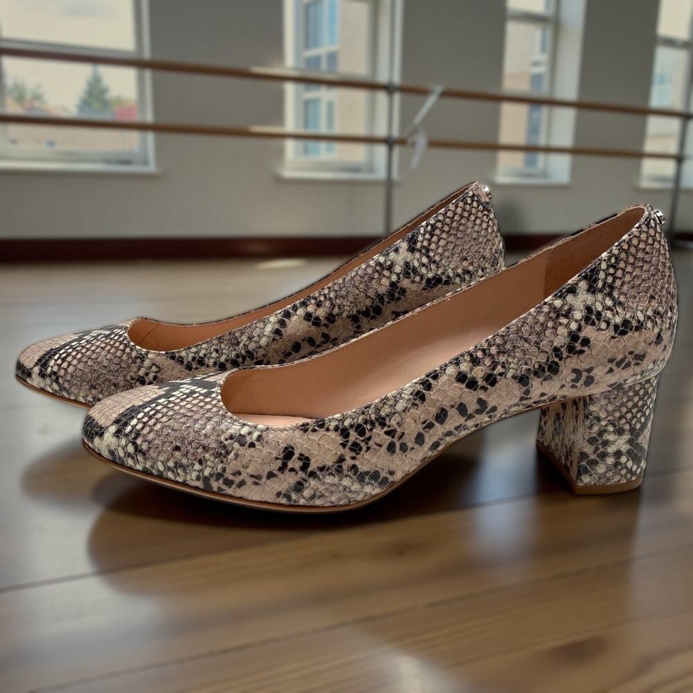 Sz 7.5M KATE SPADE Beverly Pale Vellum Snake Print Leather Block Heel Pumps EUC